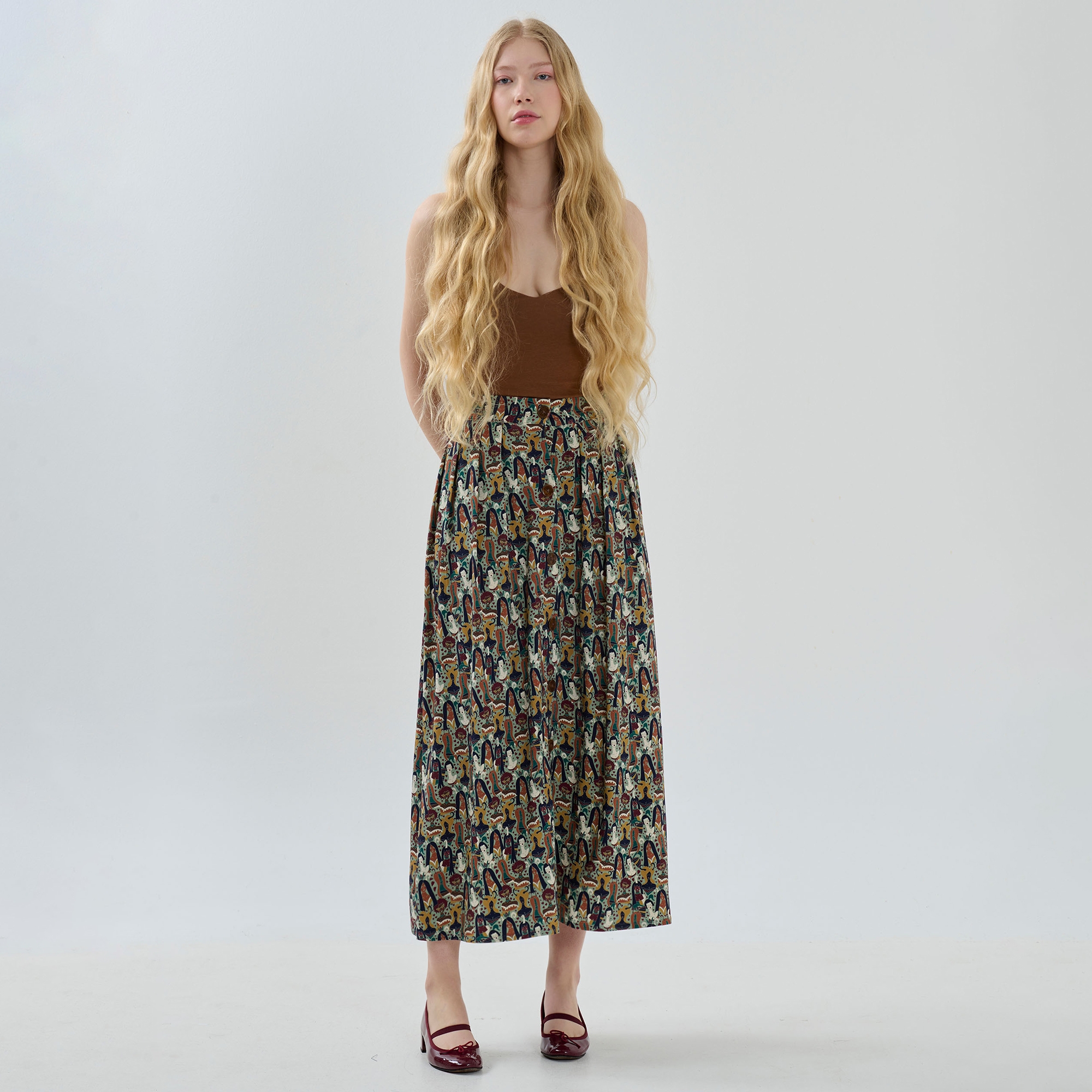 Buttoned Patterned Skirt