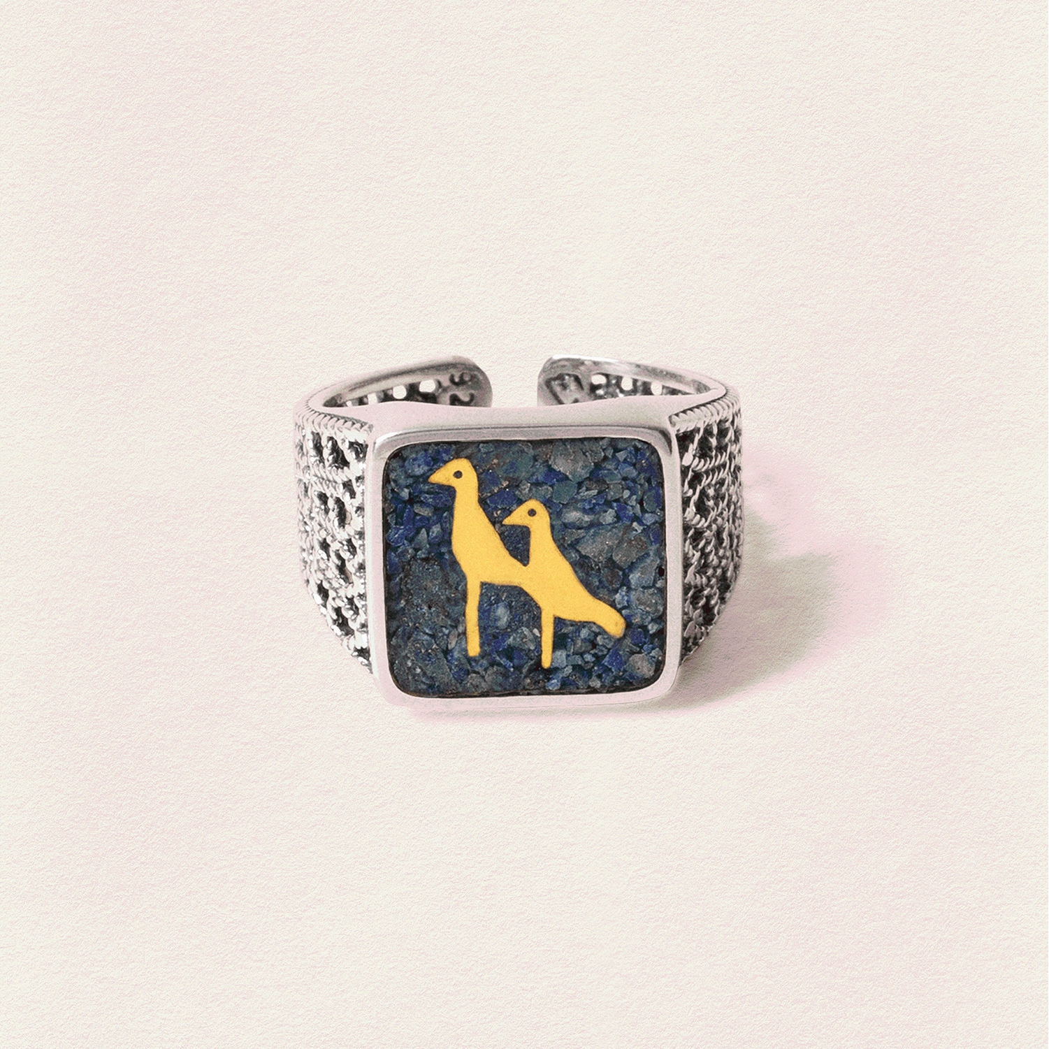 Lapis Crane Filigree Ring Silver