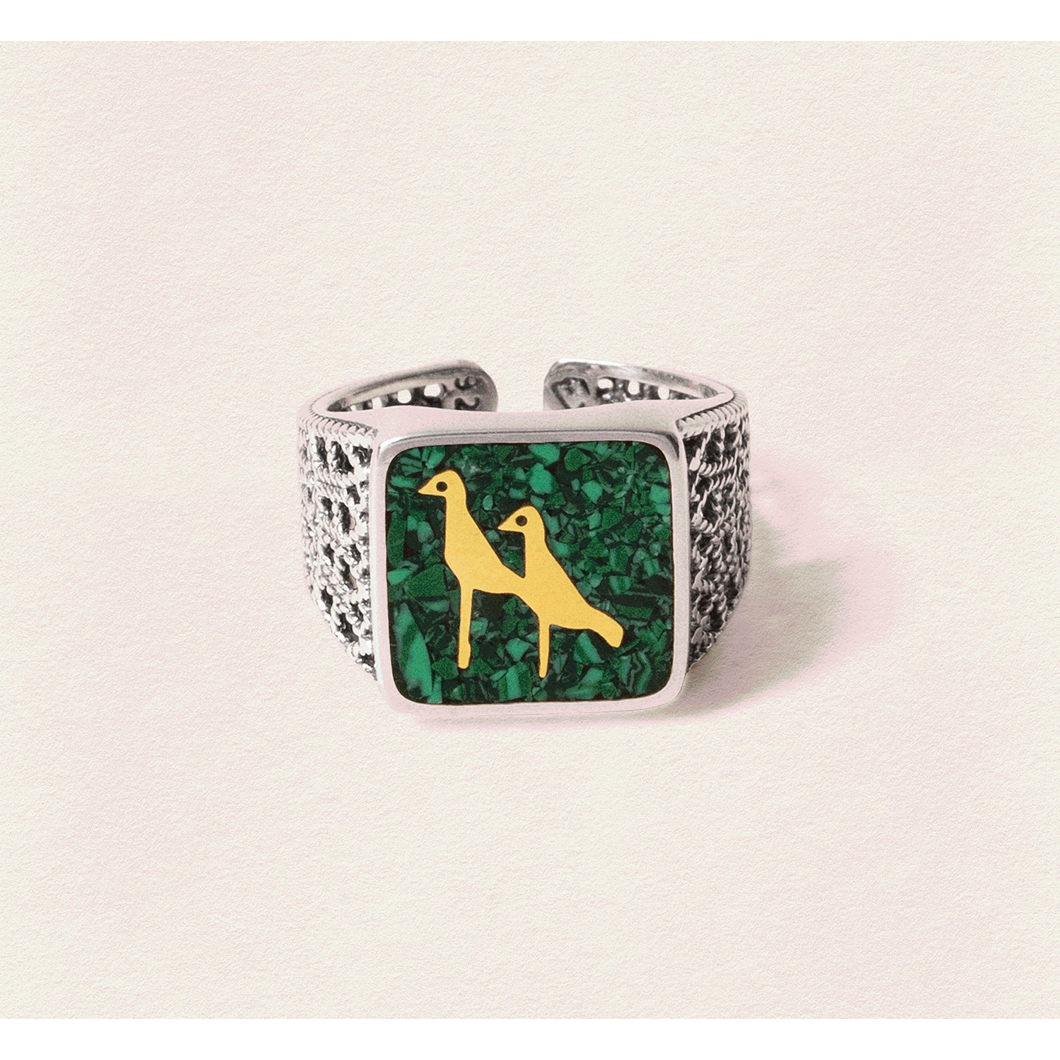 Malachite Crane Filigree Ring