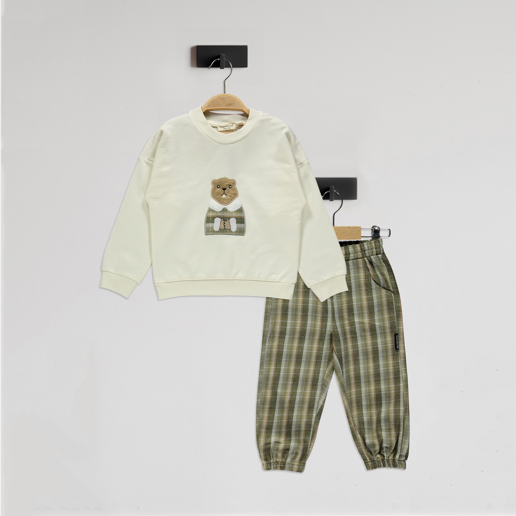 Squirrel Embroidered Cotton Plaid Set