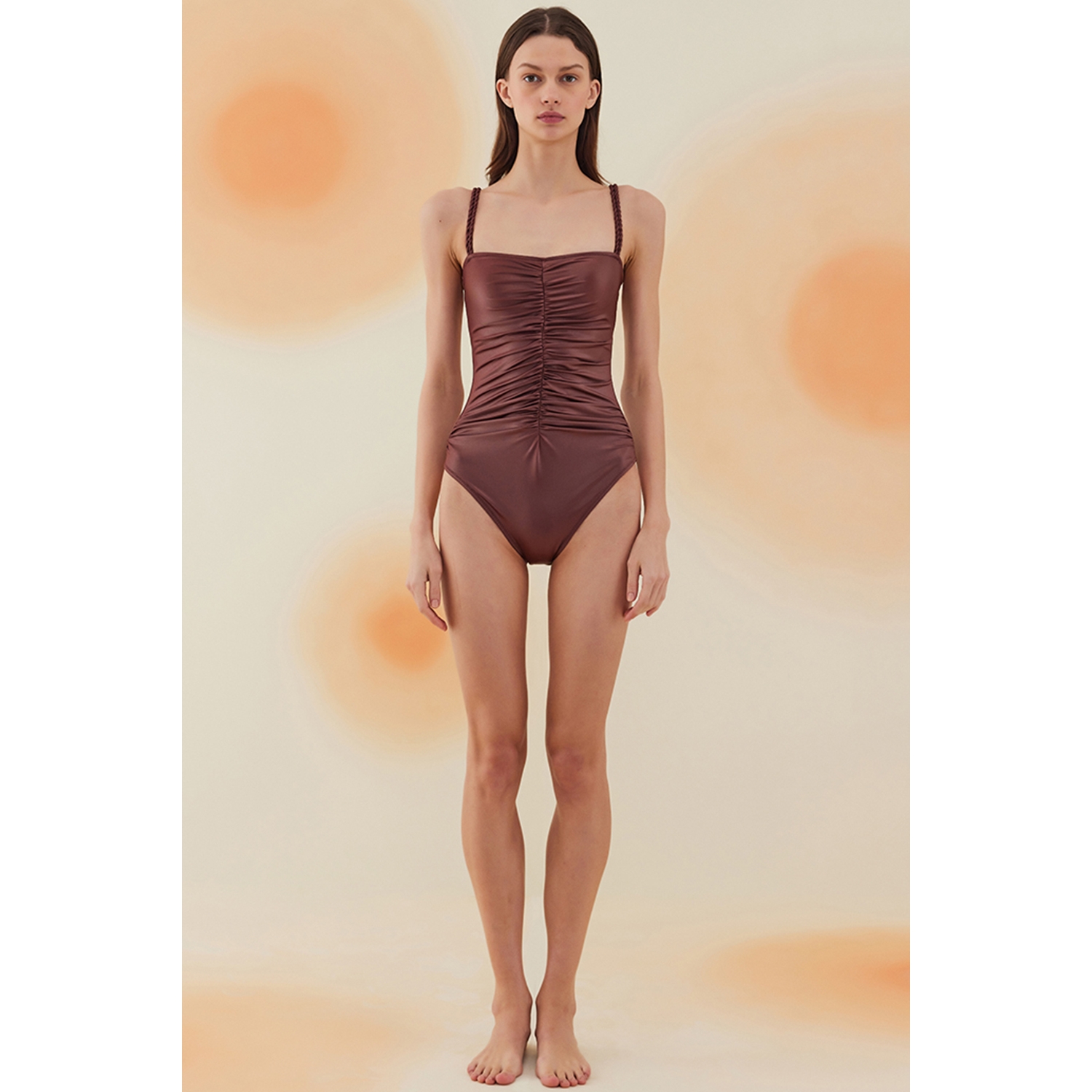 Hamada Burnt Umber Draped Strapless Swimsuit