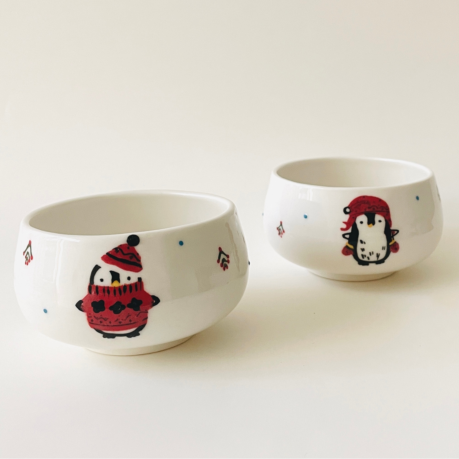 Handmade Cup / Bowl Set With Tree And Penguin - Christmas