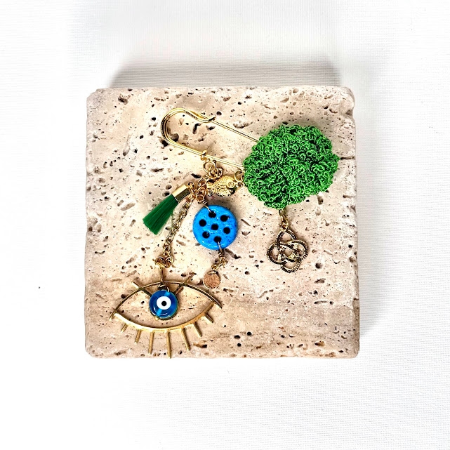 Handmade Needle Lace Assyrian Evil Eye Lapel Pin