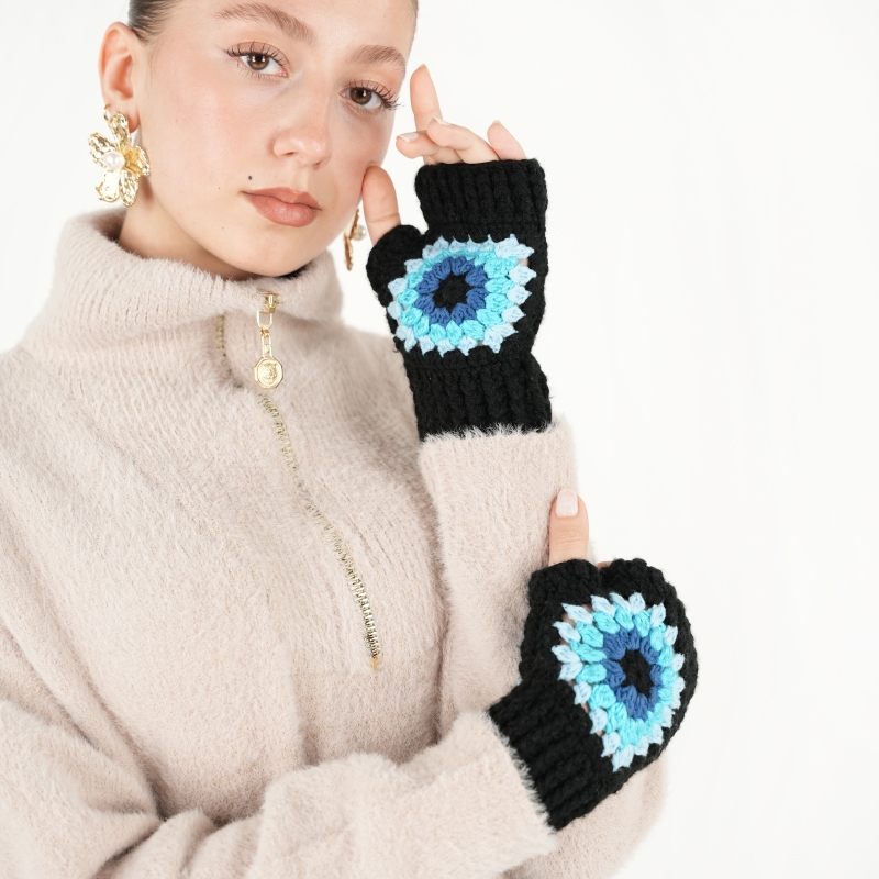 Crochet Blue Fingerless Boho Mittens