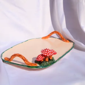 Natural And Stylish Mushroom Patterned Handmade Ceramic Tray