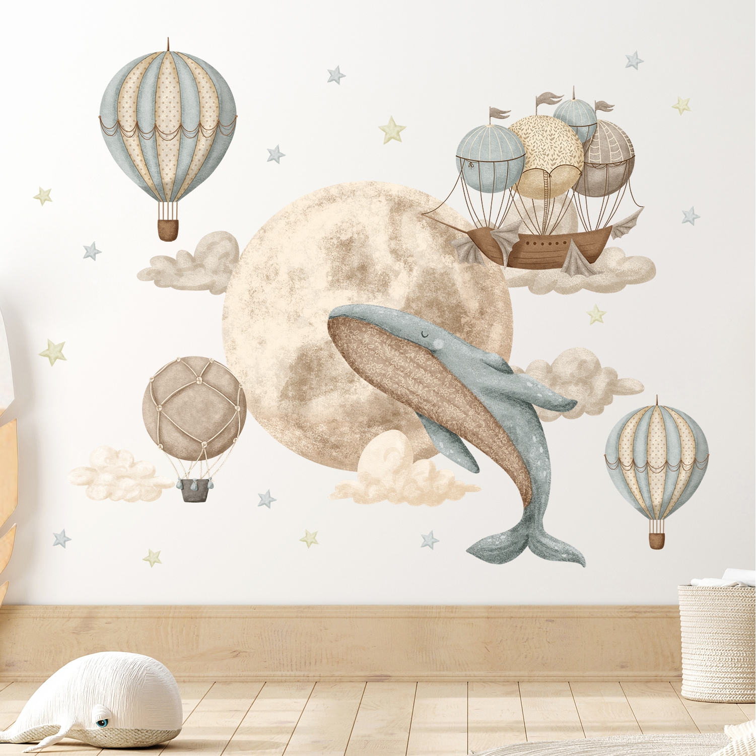 Whale, Moon, And Balloons Wall Sticker