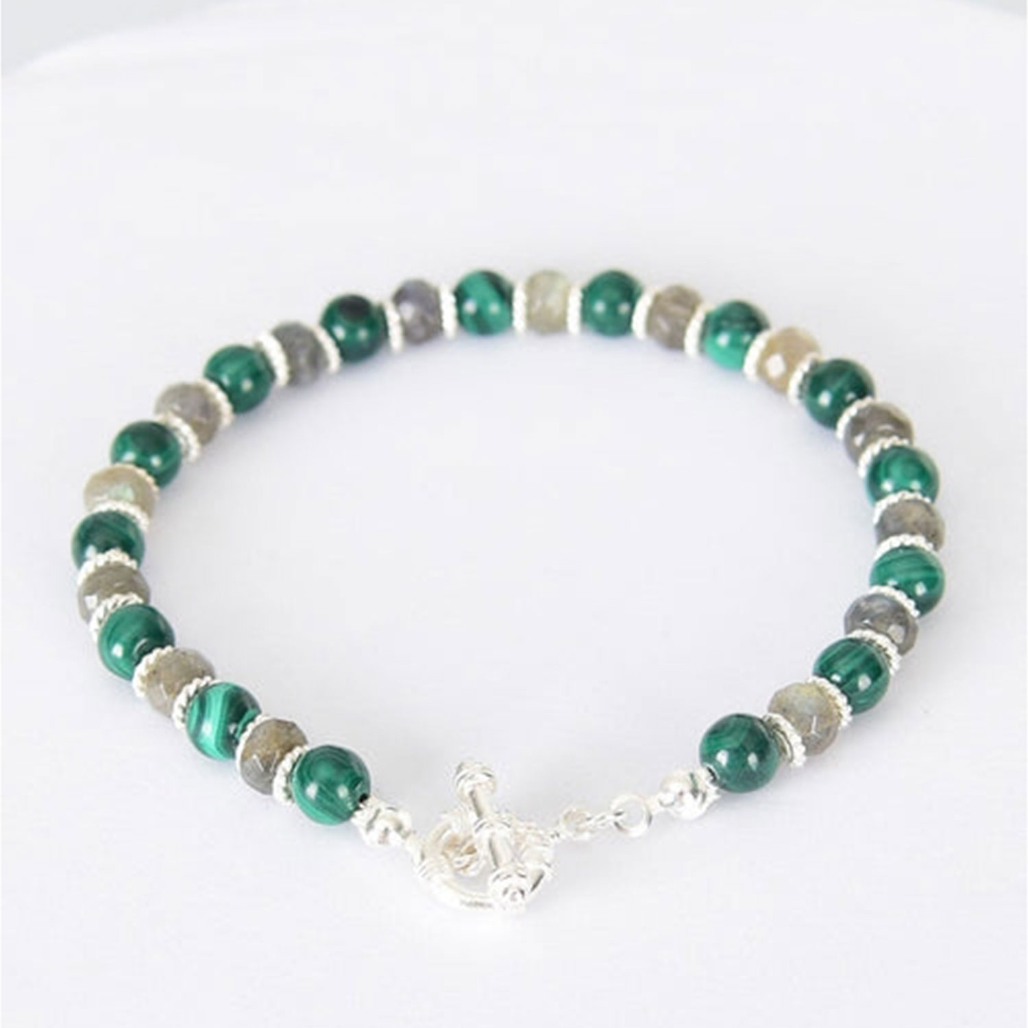 Malachite - Labradorite Natural Stone 925 Sterling Silver Clasp Bracelet - Moonlight Collection