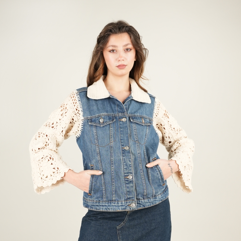 Romantic Style Cream Hand-knit Detailed Design Denim Jacket