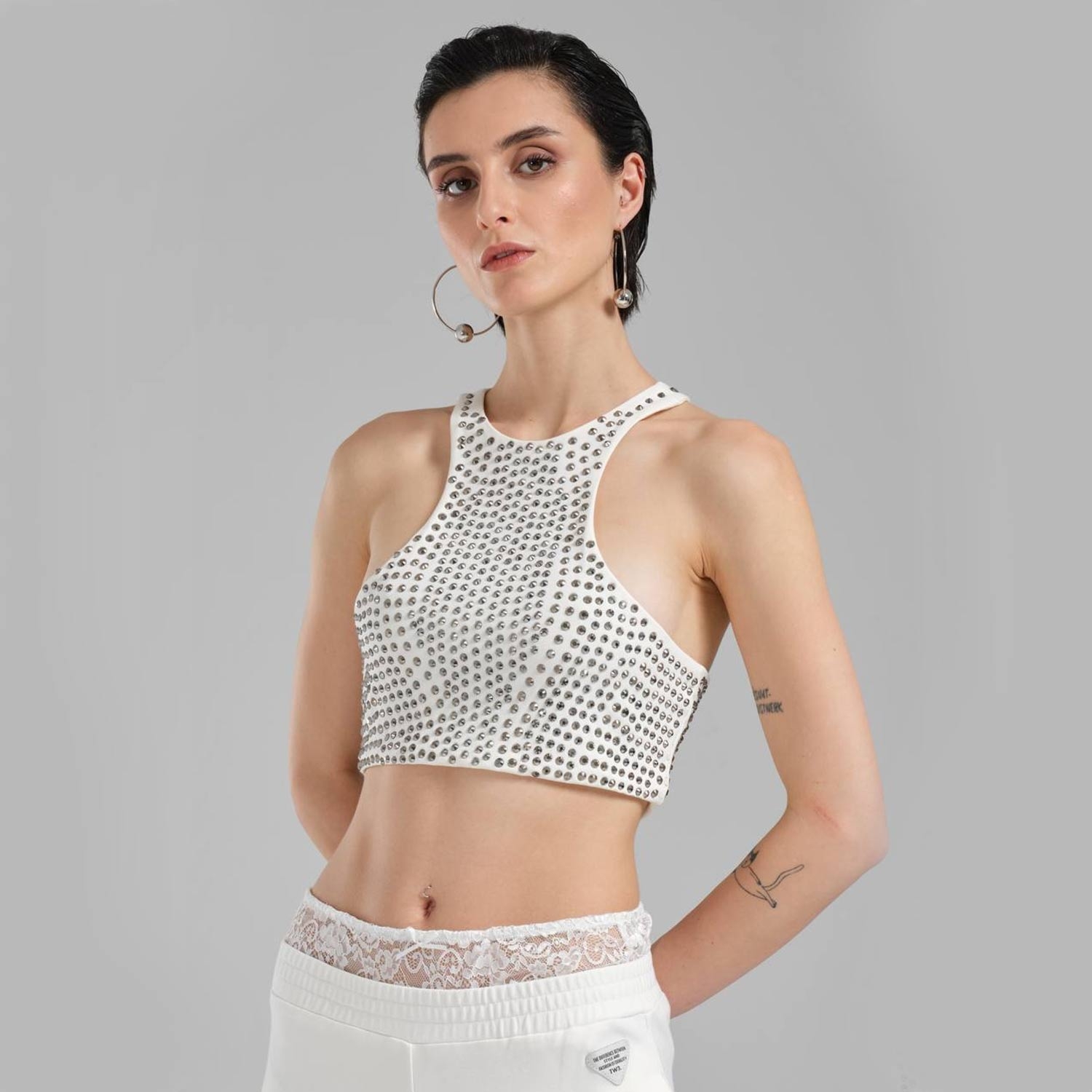 Embellished  Halter Crop Top - Party Blouse - Elegant Sleeveless Top