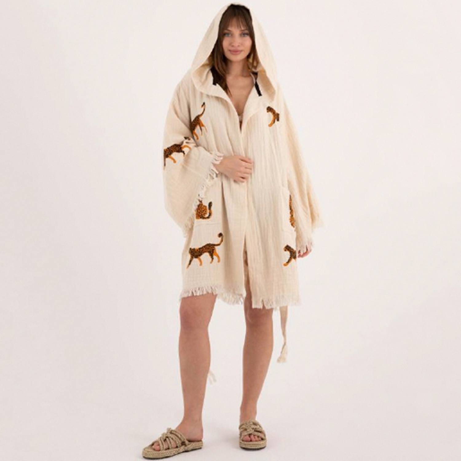 Boho Chic Kimono With Hood And Leopard Design Accents