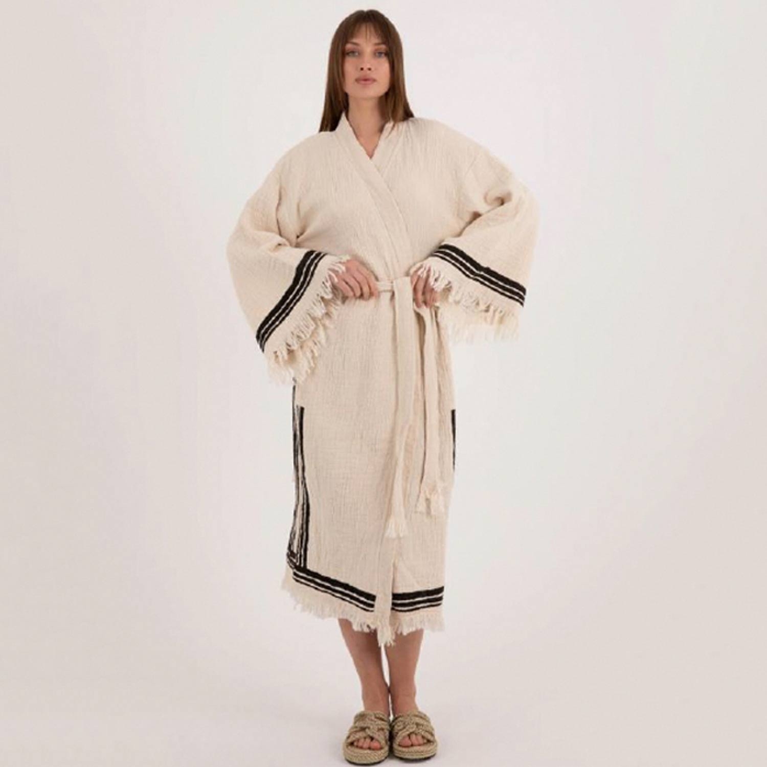 Elegant Handwoven Kimono Robe With Fringe And Geometric Patterns