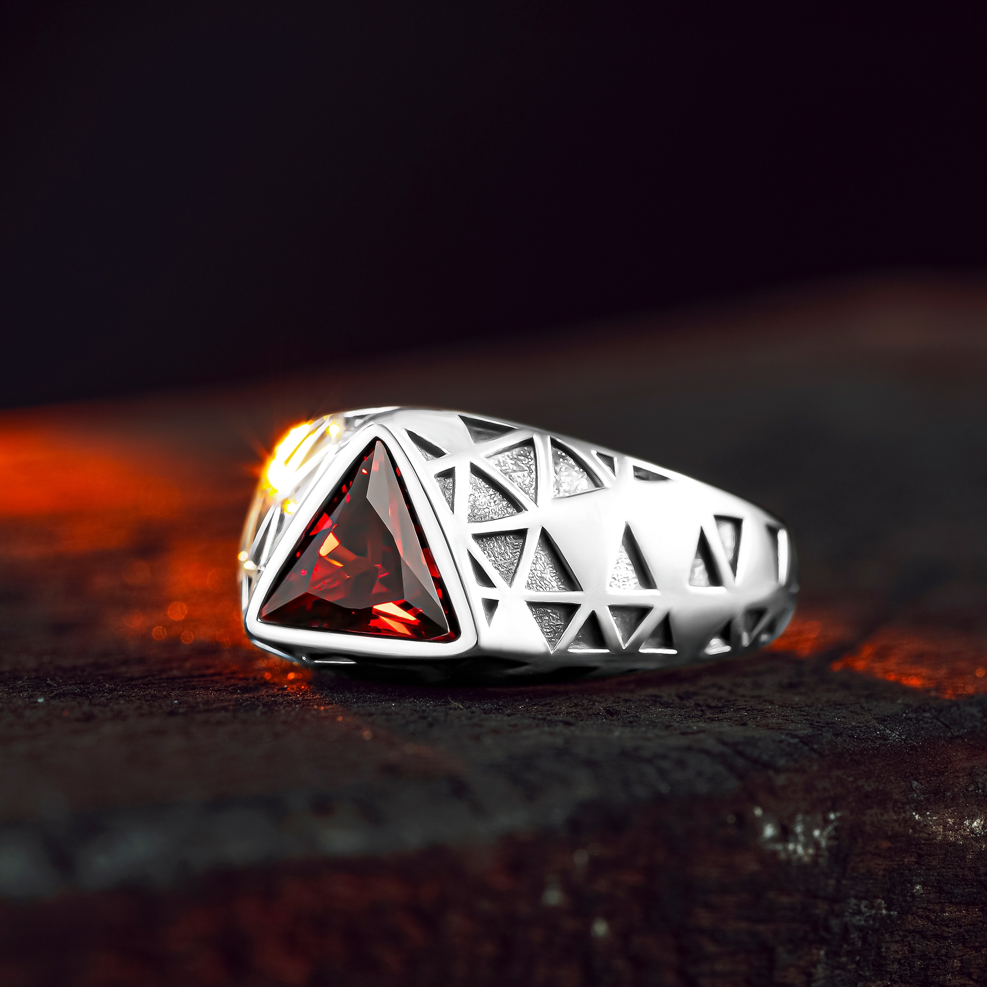 925 Sterling Silver Ring With Triangle Red Ruby Stone For Men