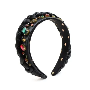 Alessia - Braided And Jewelled Silk Headband - Jet Black With Multi-coloured Crystals