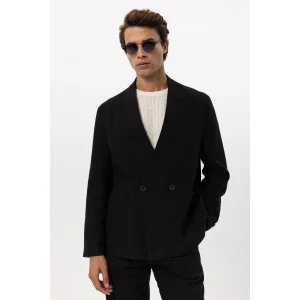 Linen Blend Double Breasted Button Blazer Jacket - 2