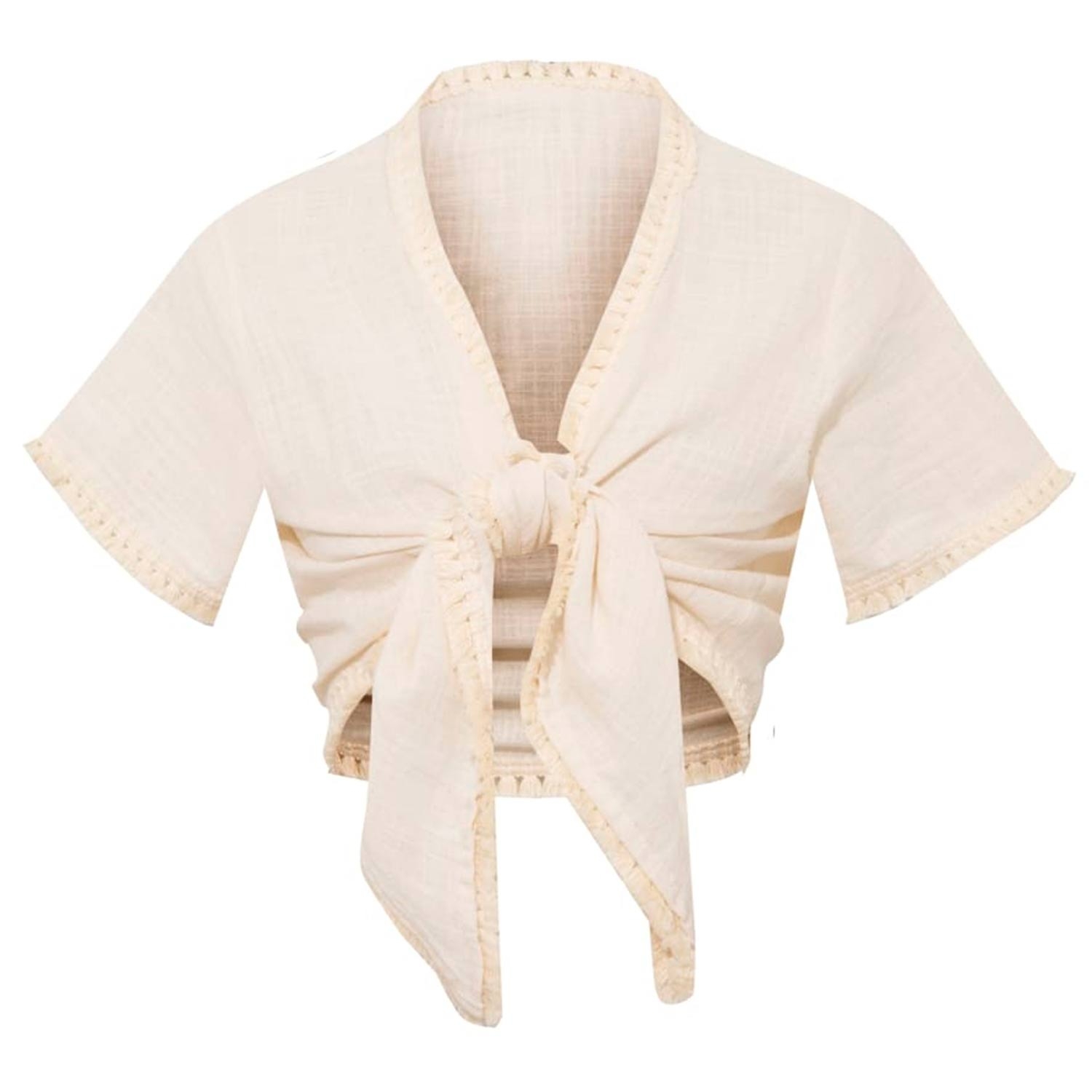Linen Front Detailed Tie Blouse
