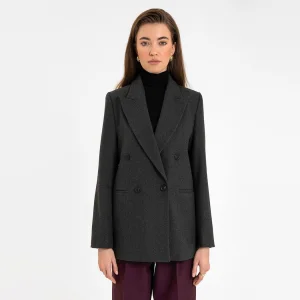 Wool Blend Herringbone Patterned Blazer Jacket