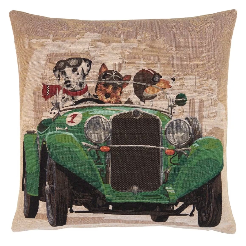 Racing Dogs Green Tapestry Cushion With Feather Filler