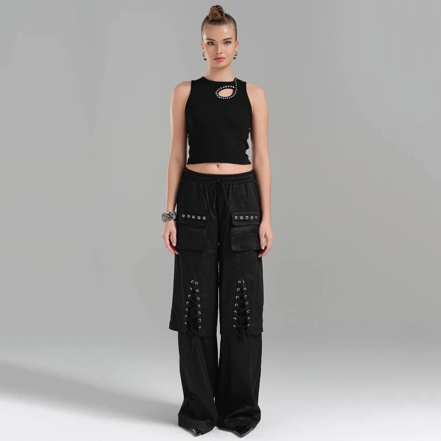 Relaxed Fit Women's Pants - Eyelet Detail Design Trousers - Comfortable Casual Style