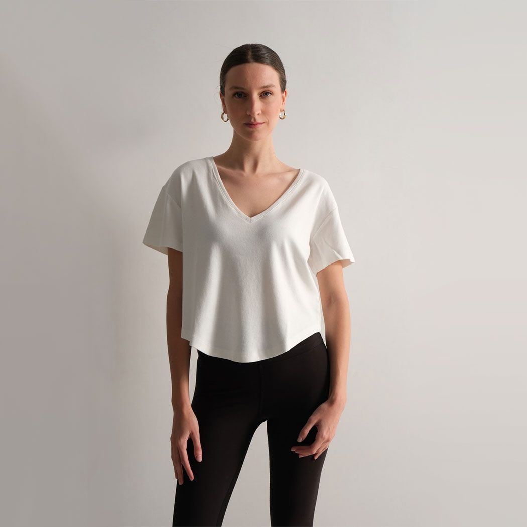 V Neck Off White Tee