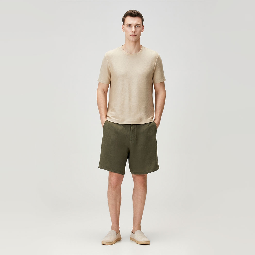 Dark Green 100% Linen Bermuda Shorts
