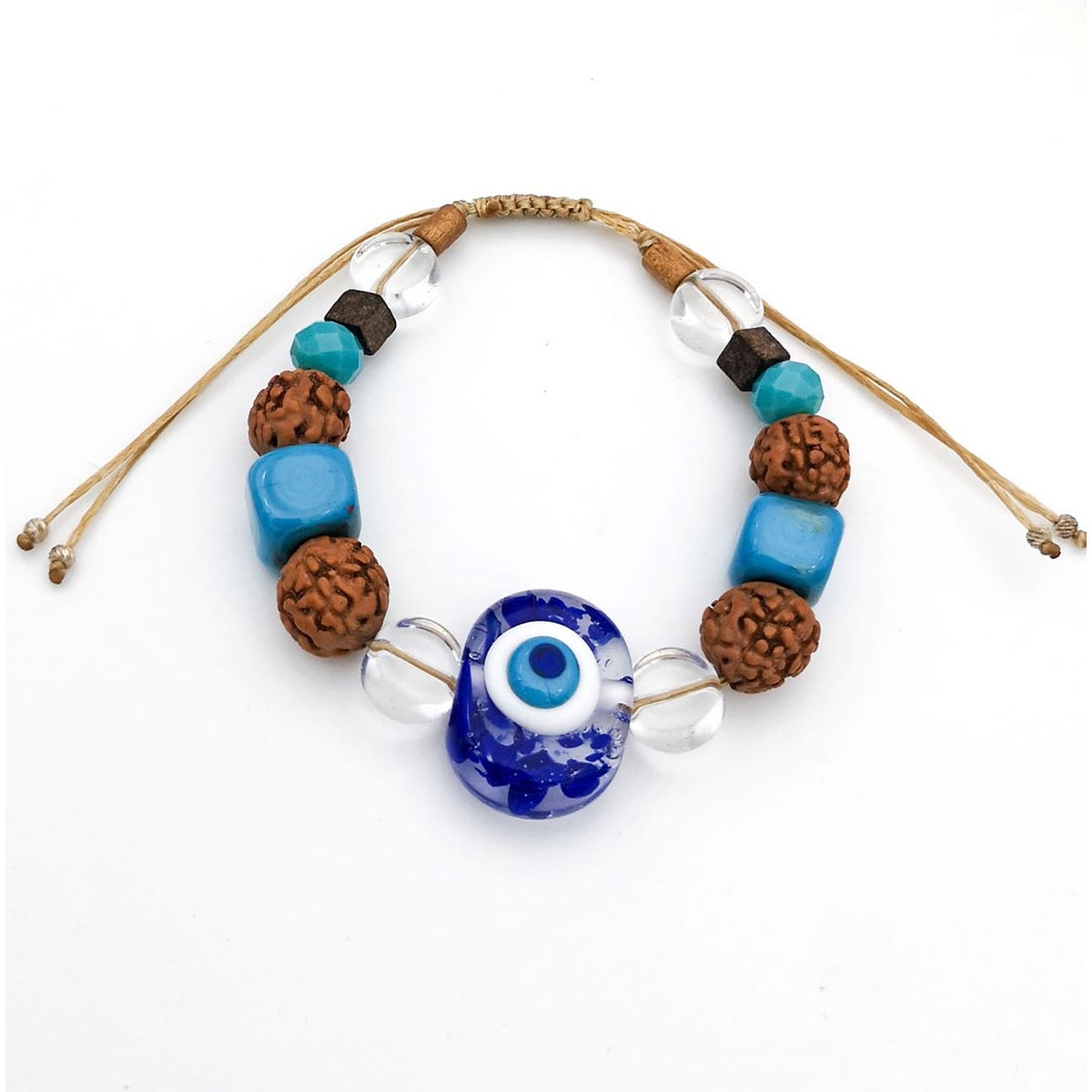 Murano Glass Evil Eye Bead Rudraksha Silver Dorika Bracelet