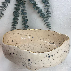 Hand Made 24k Gold Detailed Stoneware Footed Serving Bowl