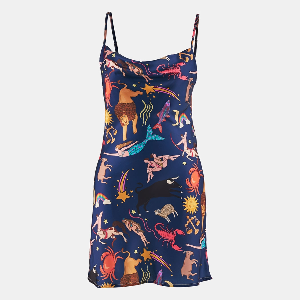 Satin Strap Dress Nightgown Star Sign Pattern