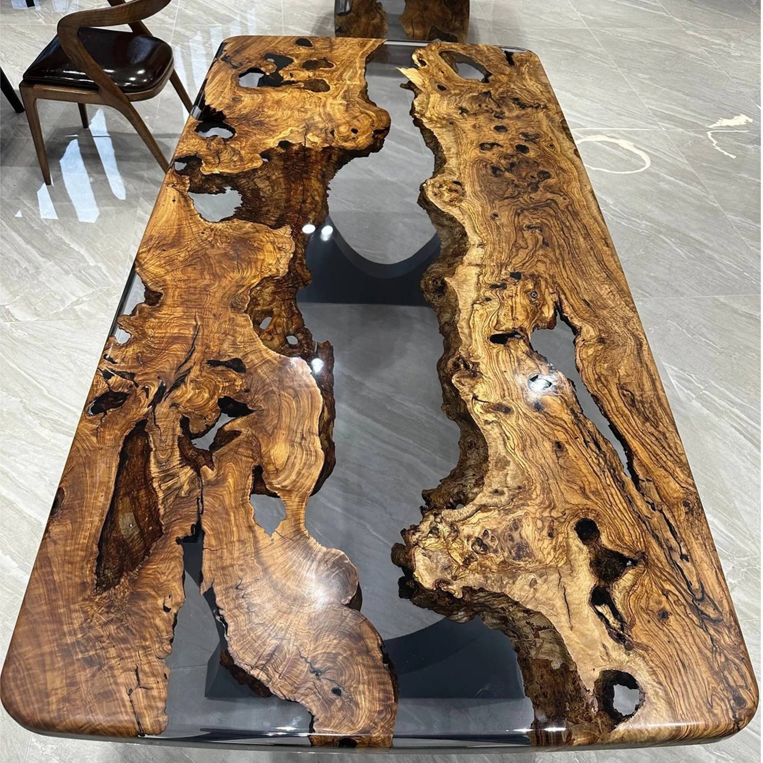 370-year-old Olive Wood & Clear Epoxy River Table  - Custom Live Edge River Design