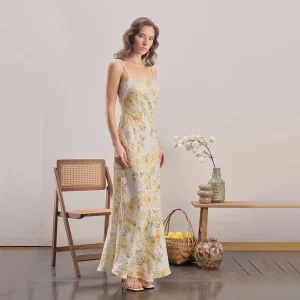 Yellow Meadow Çiçekli Keten Maxi Elbise