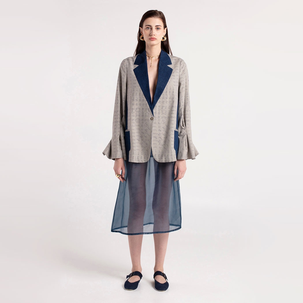 Oz - Denim Detailed Pleated Sleeve Gray Jacket