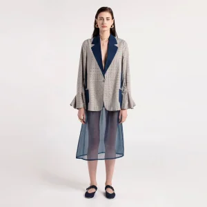 Oz - Denim Detailed Pleated Sleeve Gray Jacket