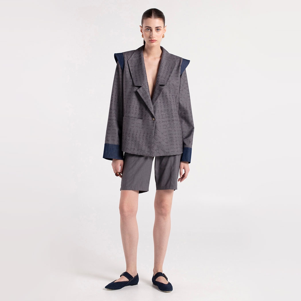 Ub - Asymmetric Collar Denim Detailed Oversize Gray Jacket