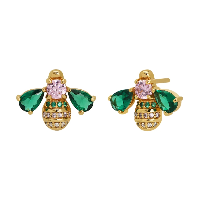 Beatrice Jewelled Bumble Bee Stud Earrings Blush Pink, Emerald Green & Gold