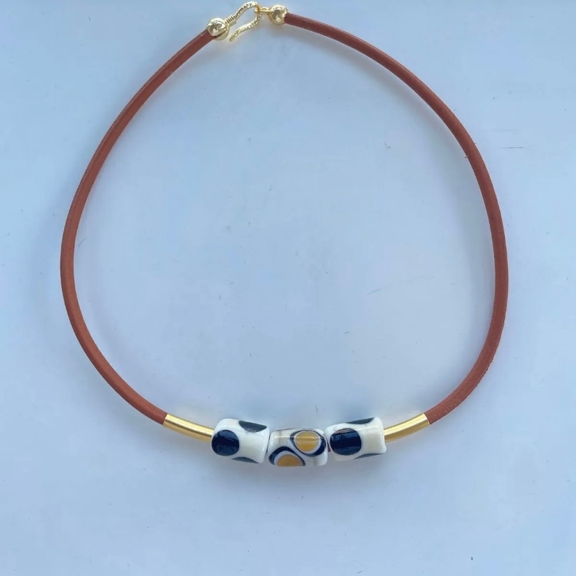 Murano Bead Design Leopard Brown Tones Colored Murano Bead Leather Necklace