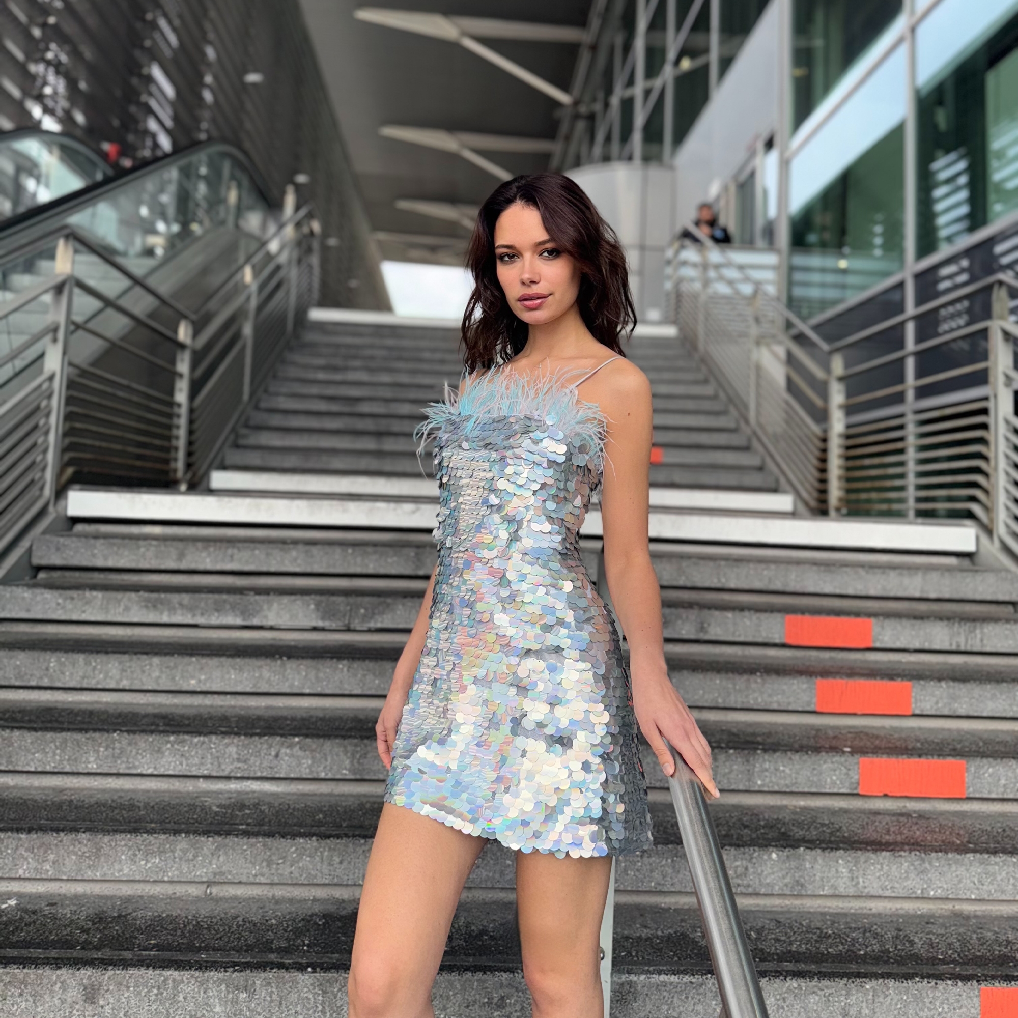 Grey Hologram Payette Mini Dress With Feathers Luna
