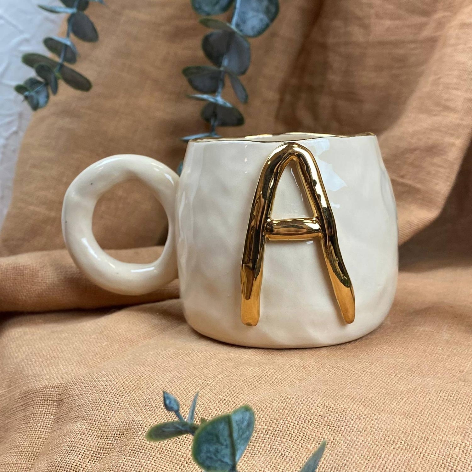 Handmade Letter A Ceramic Mug - 24k Gold Plated Letter Mug - Stoneware Mug - Personalized Letter Coffee Cup