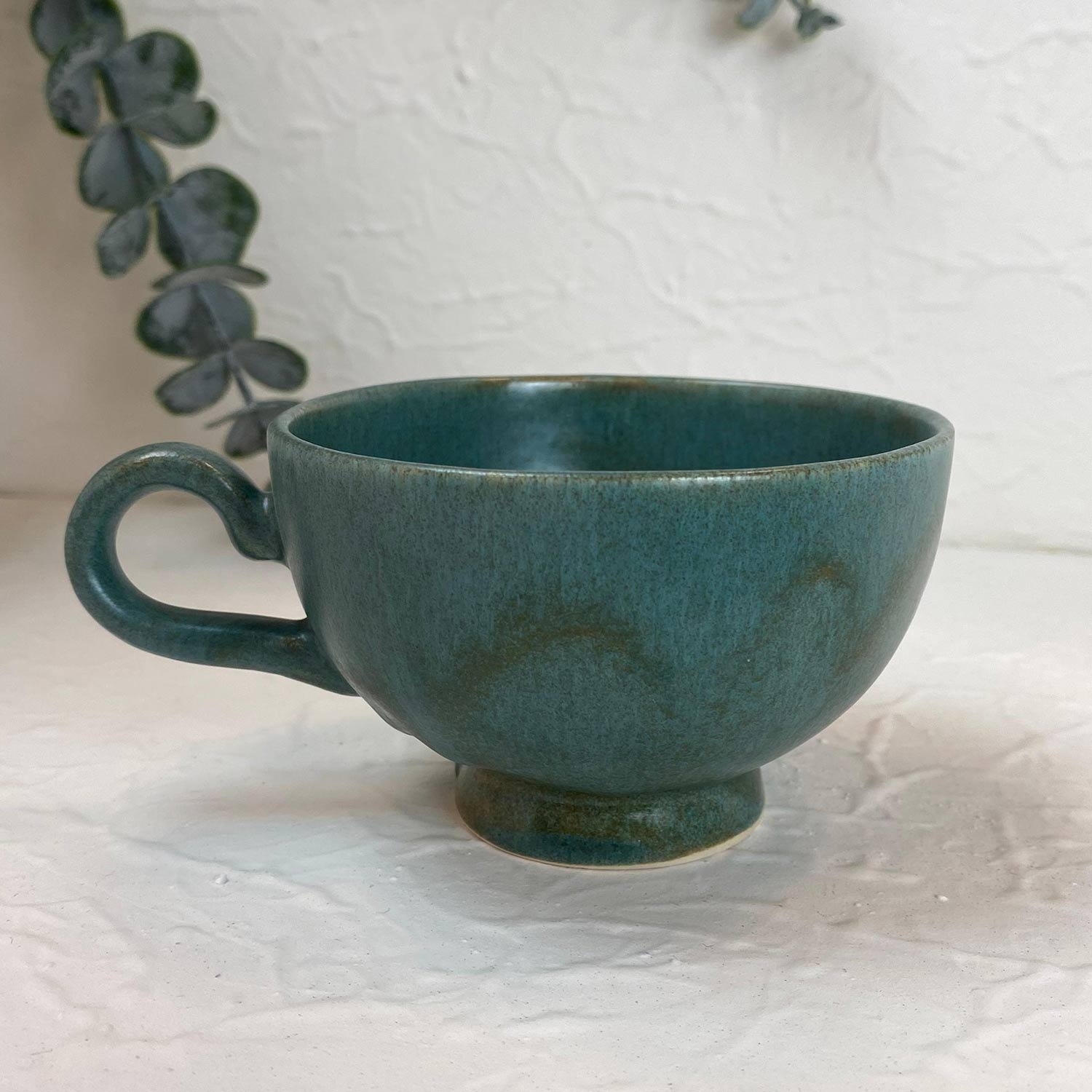 Handmade Stoneware Ceramic Mug With Stand - Rustic Green Mug - Microwave And Dishwasher Safe