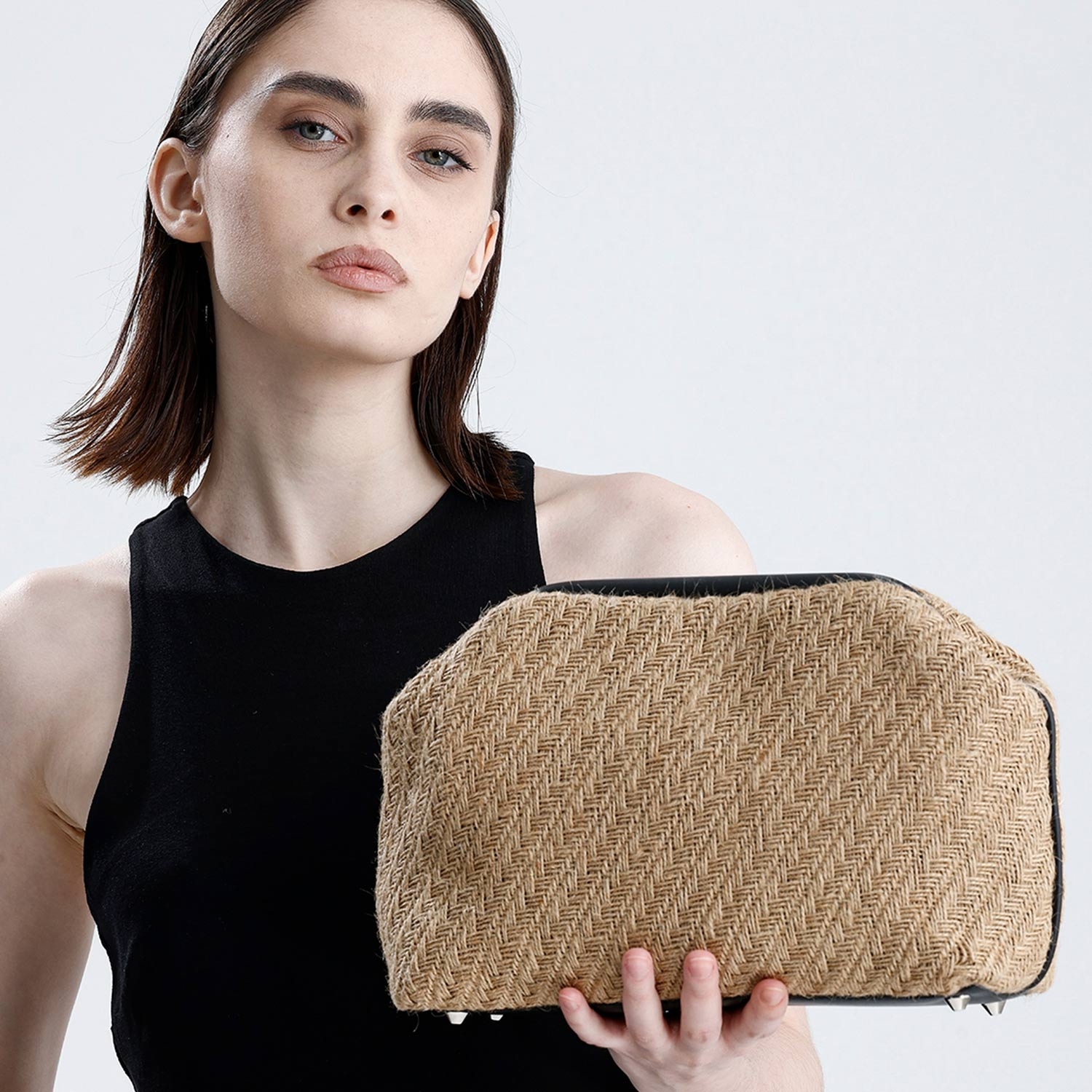 Faux Leather Detailed Herringbone Woven Jute Clutch Handbag