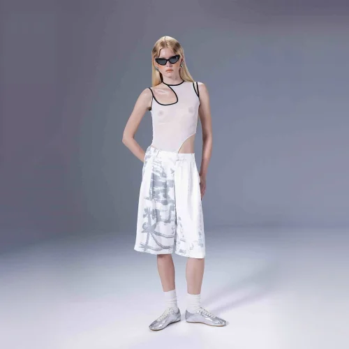 White Calligraphy Pleated Jorts