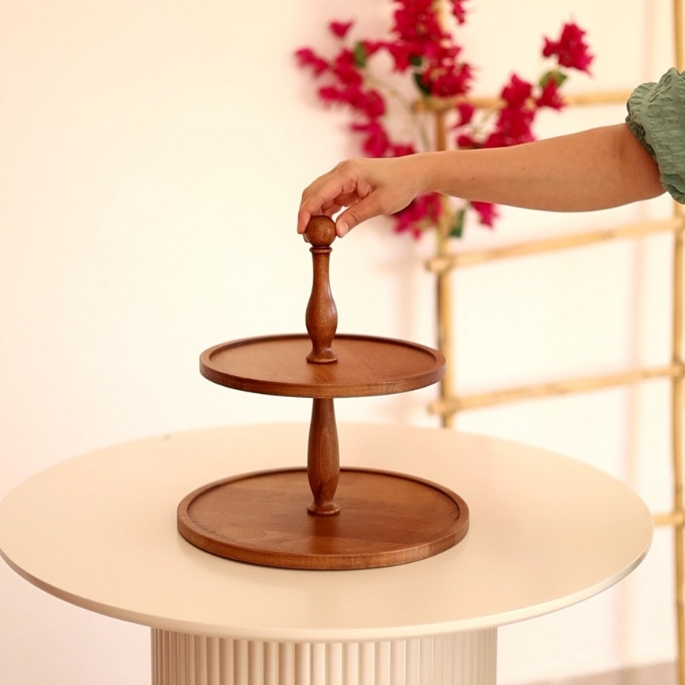 2-layer Carved Wooden Serving Tray With Plate (25cm/30cm)