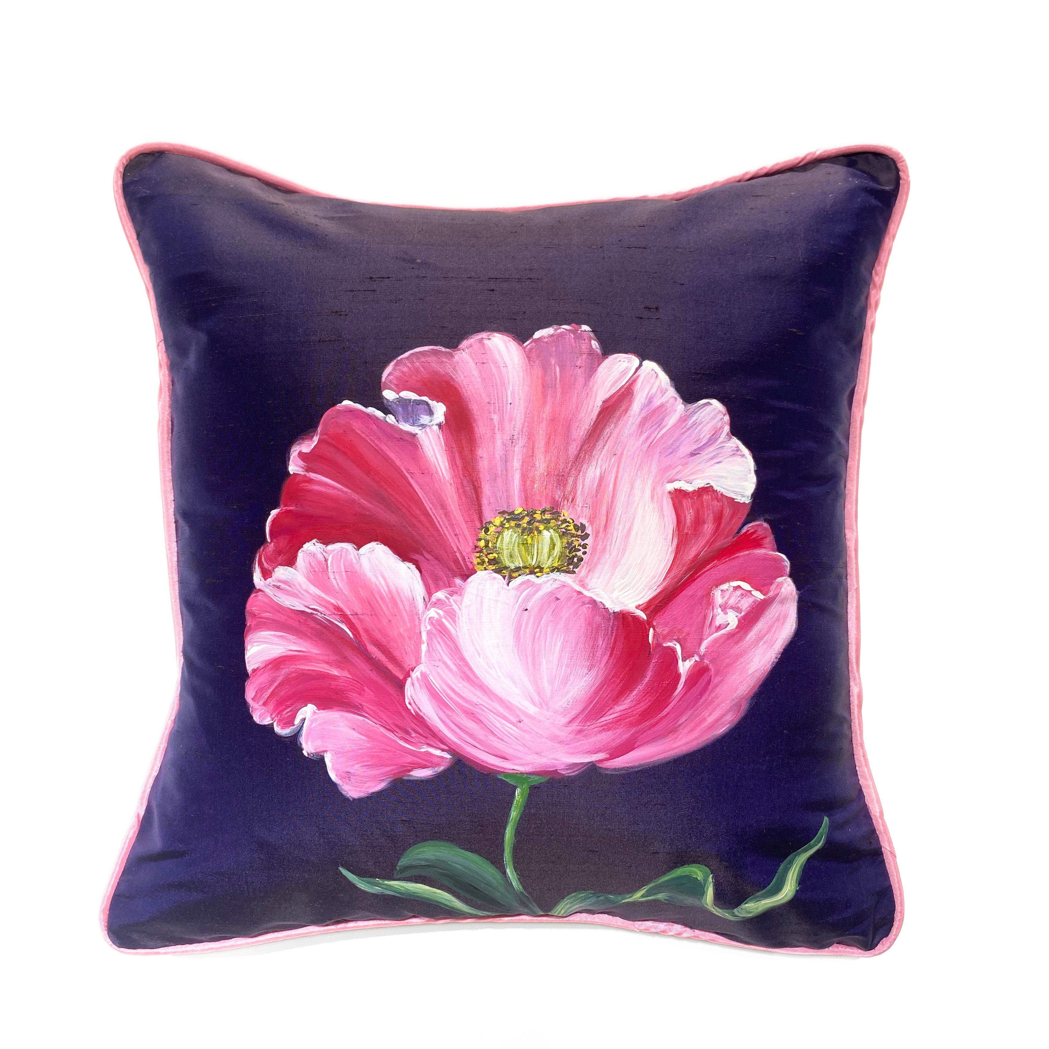 Silk Cushion Hand Painted With Papoula Rosa Flower