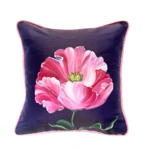 Silk Cushion Hand Painted With Papoula Rosa Flower
