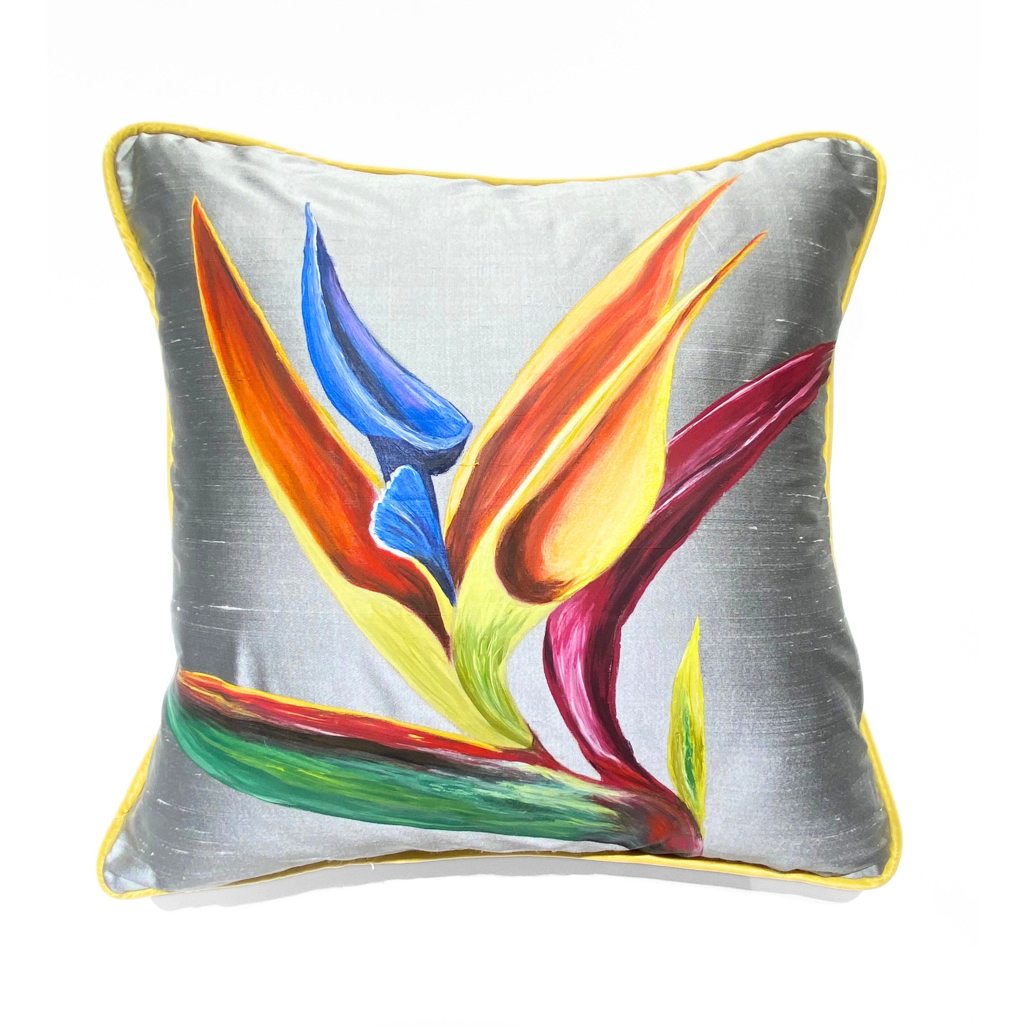Silk Cushion Hand Painted With Papoula Rosa Flower
