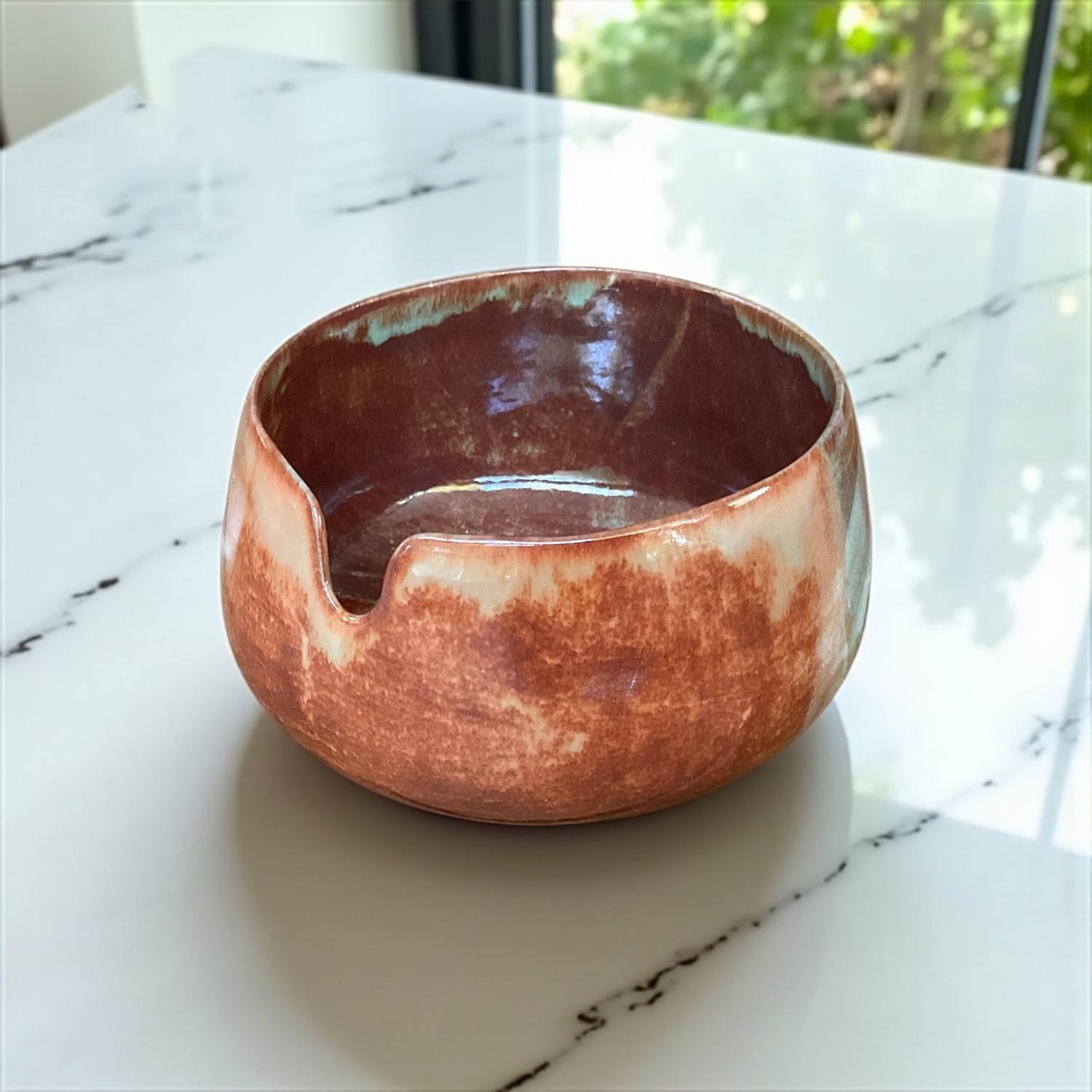 Handmade Matcha Bowl -  Unique Spout Design Chawan In Red Copper Tones - One Of A Kind Japanese Tea Bowl