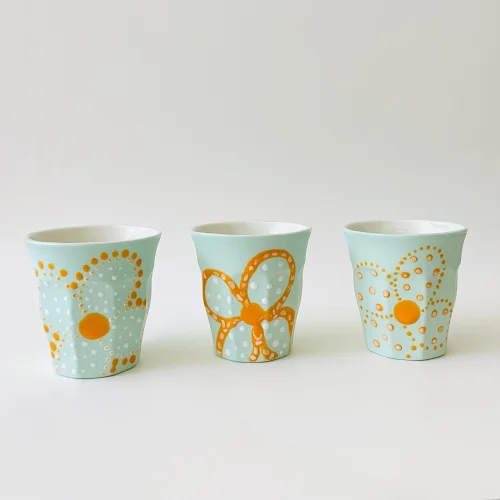 3-piece Mint Green Floral Turkish Coffee / Espresso Cup Set