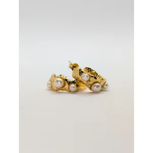 Gold Coral Textured Pearl Chunky Hoop Earrings