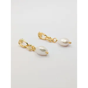 Gold Sandy Textured Chunky Chain Pearl Drop Earrings