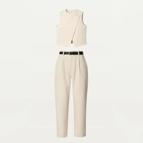 Light Beige Asymmetric Blouse & Trousers Top-bottom Set