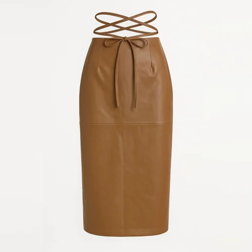 Brown Faux Leather Pencil Skirt With Tie Detail