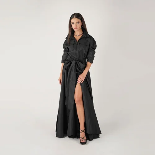 Maxi Taffeta Dress With Front Zipper, Utility Pocket Detail & Belt